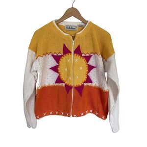 Vintage BellePointe Sunburst‎ Zip Cardigan Sweater XL Yellow Orange White Ramie